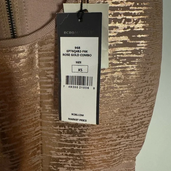 BCBGMAXAZRIA “Gisela” Rose gold rayon/spandex bandage dress size XS NWT
